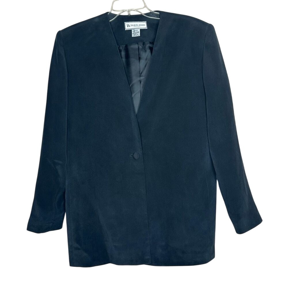 TRAVIS AYERS TA‎ Blazer Jacket Women's 14P 100% Silk Business Formal Coat Black